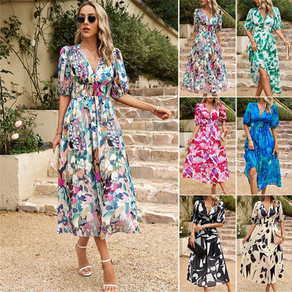 🎀Elegant waist V-neck printed dress