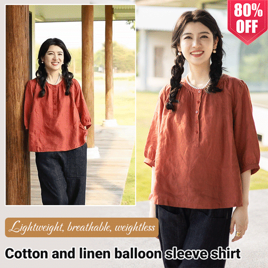 Chemise en lin et coton pour femme, manches lanternes