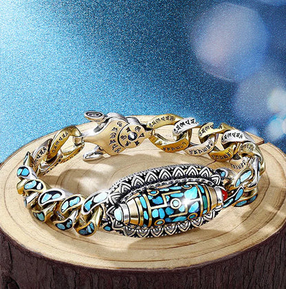 Own it and have good luck🎁Turquoise Dzi Bead Bracelet with Six-Character and Nine-Eyed Mantra