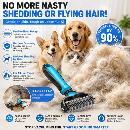 ⏰LAST DAY SALE: Only £3.99🔥🐾Double-Sided Pet Grooming Brush – Hurtless Shedding & Dematting Undercoat Rake for Dogs and Cats