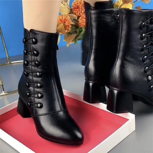 Women Warm Side Button Leather Ankle Boots【Free shipping】