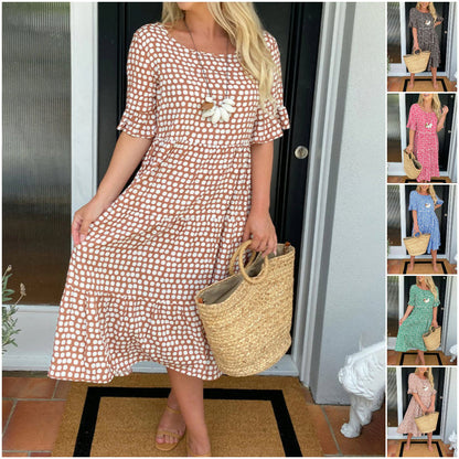 🎁2024 Big Sale 49% OFF🎁Round Neck Polka Dot Print Midi Dress