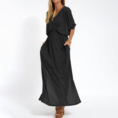 Elegant Solid Color High Waist V-Neck Maxi Dress