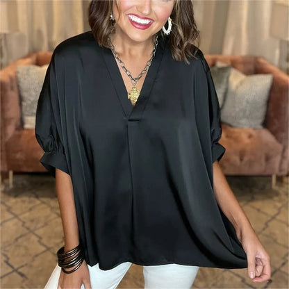 ⏰Don't miss your 48% off! 🔥Classic women's blouse in silk satin with a V-neckline and short sleeves