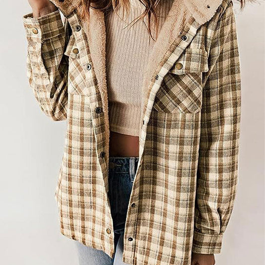 🔥50% OFF🔥Women's Fall Thickened Flannel Long Sleeve Plaid Jacket Coat With Hood