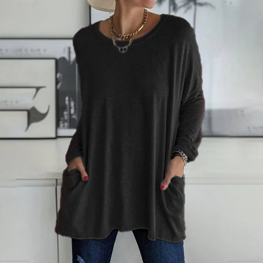 🔥Women's Round Neck Long Sleeve Loose Pocket T-Shirt