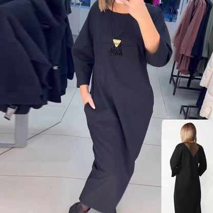 🔥Hot Sale-50% Off🎁Women's Solid Color Pocket Round Neck Long Sleeve Dress