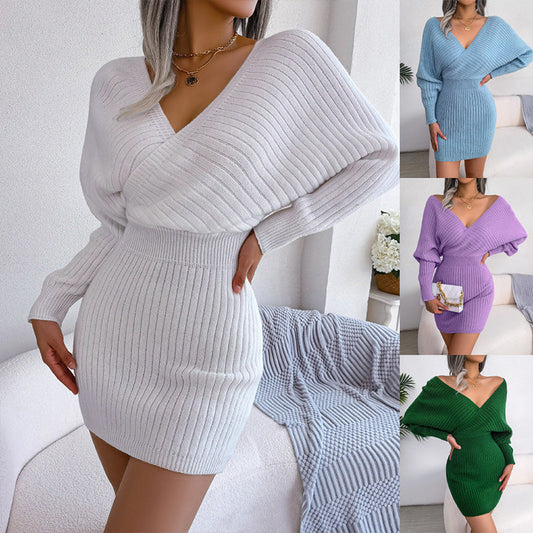 Sexy Knit Mini Dress with Batwing Long Sleeves