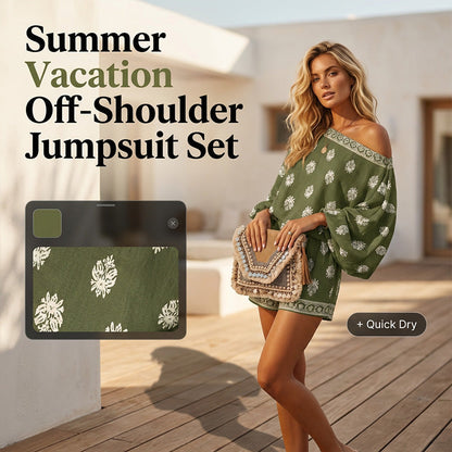 🔥BUY 2 GET 10% OFF!🎉 Bohemian Off-Shoulder Printed Jumpsuit Set