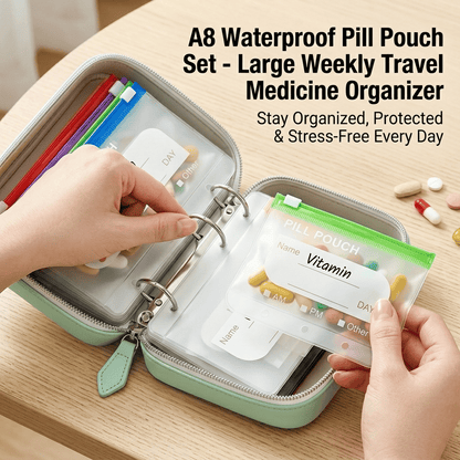 🥳2026 HOT SALE💞UP TO 50% OFF!!💊 A8 Waterproof 14 Color-Coded Pill Pouches Organizer – Portable Binder-Style Weekly Travel Medicine Storage Case for Pills, Vitamins & Supplements