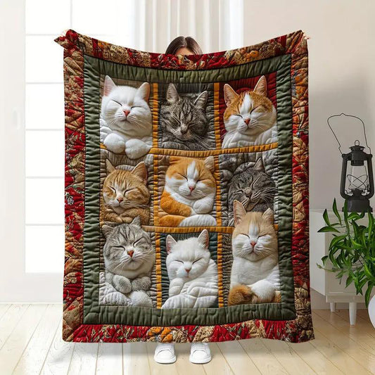 🎁LAST DAY SALE: £8.99!! 🐱💤 Cozy 9‑Panel Sleeping Cats Blanket – Ultra‑Soft Flannel, Reversible Design, Perfect for Sofa, Bed & Travel 🌙✨