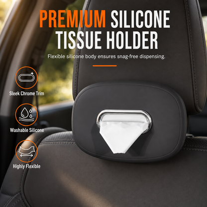 🚗 HALF PRICE — TODAY ONLY! 🧻 Hanging Silicone Car Tissue Box Holder – Premium Flexible Silicone, Sleek Chrome Bezel ✨ Waterproof & Washable 📦 Perfect for Headrest, Visor & Centre Console 🛋️